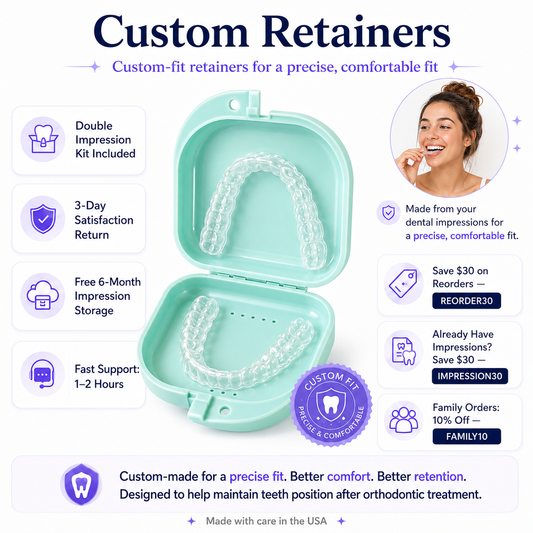 Teal case with clear retainers and promotional text about custom retainers on a white background